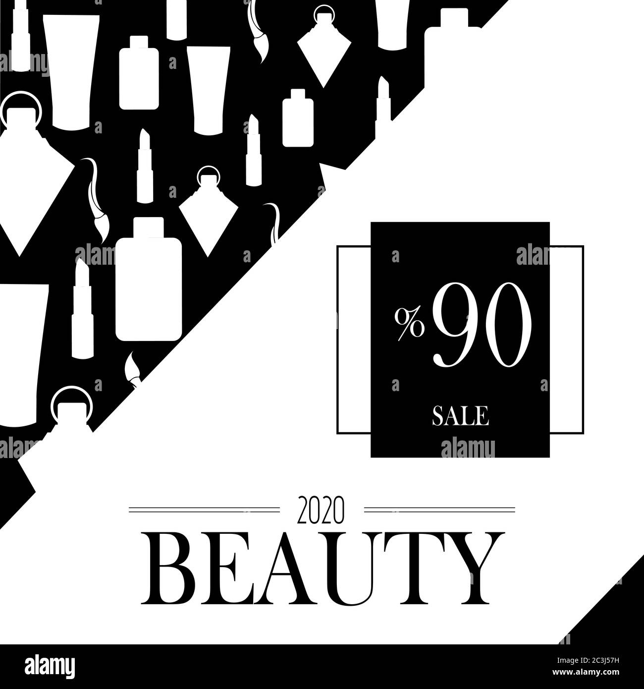 Cosmetici su sfondo bianco e nero. 90% pubblicità poster design per negozio di bellezza, blog, rivista, offerte e promozione. Illustrazione vettoriale. Illustrazione Vettoriale