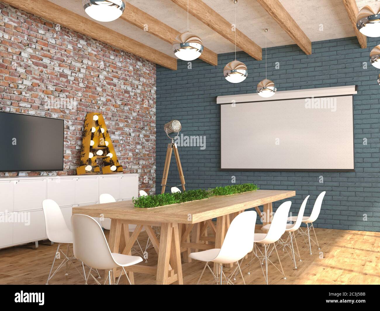 Una sala riunioni con schermo bianco vuoto per il proiettore a parete. L'interno della sala conferenze in stile loft. Visualizzazione 3D. Foto Stock