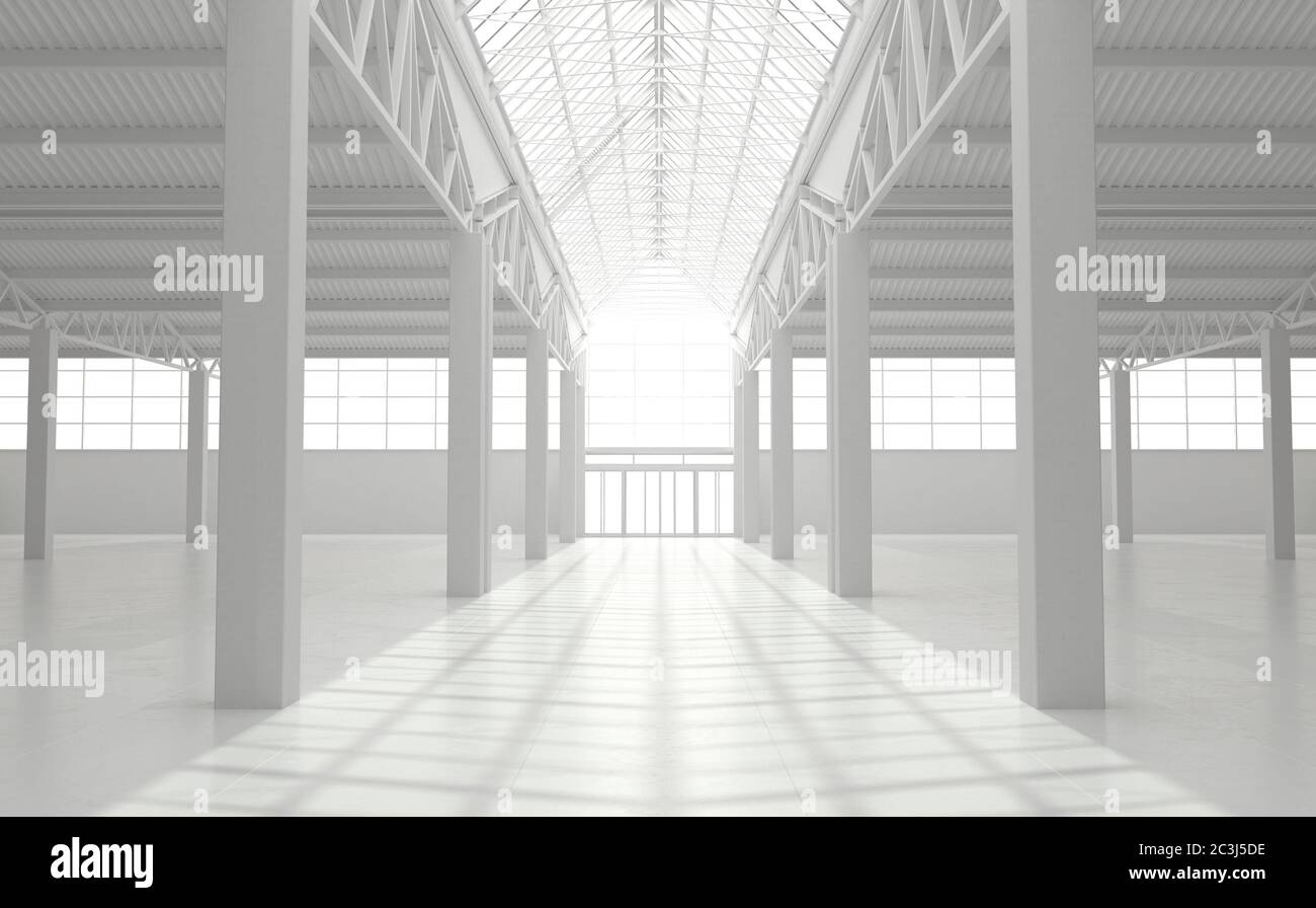 Interni urbani industriali di un magazzino vuoto in bianco monocromatico. Grande edificio in stile loft. Rendering 3D. Foto Stock