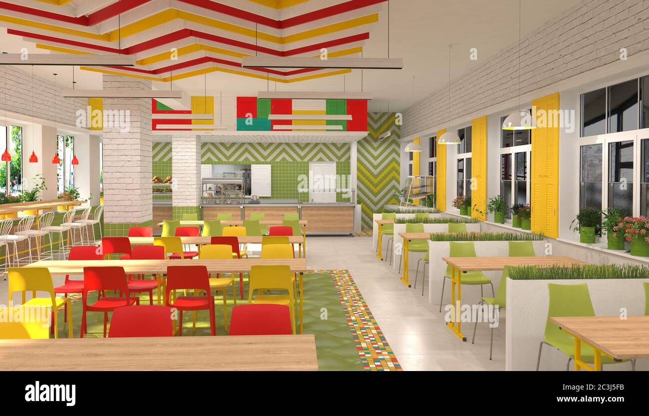 Interno della mensa per bambini della scuola. Visualizzazione 3D della sala da pranzo per gli studenti. Foto Stock