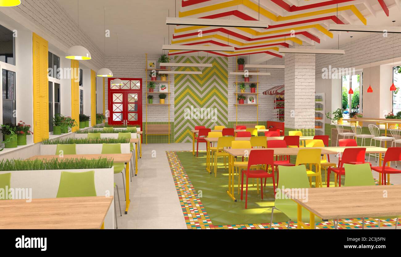 Interno della mensa per bambini della scuola. Visualizzazione 3D della sala da pranzo per gli studenti. Foto Stock