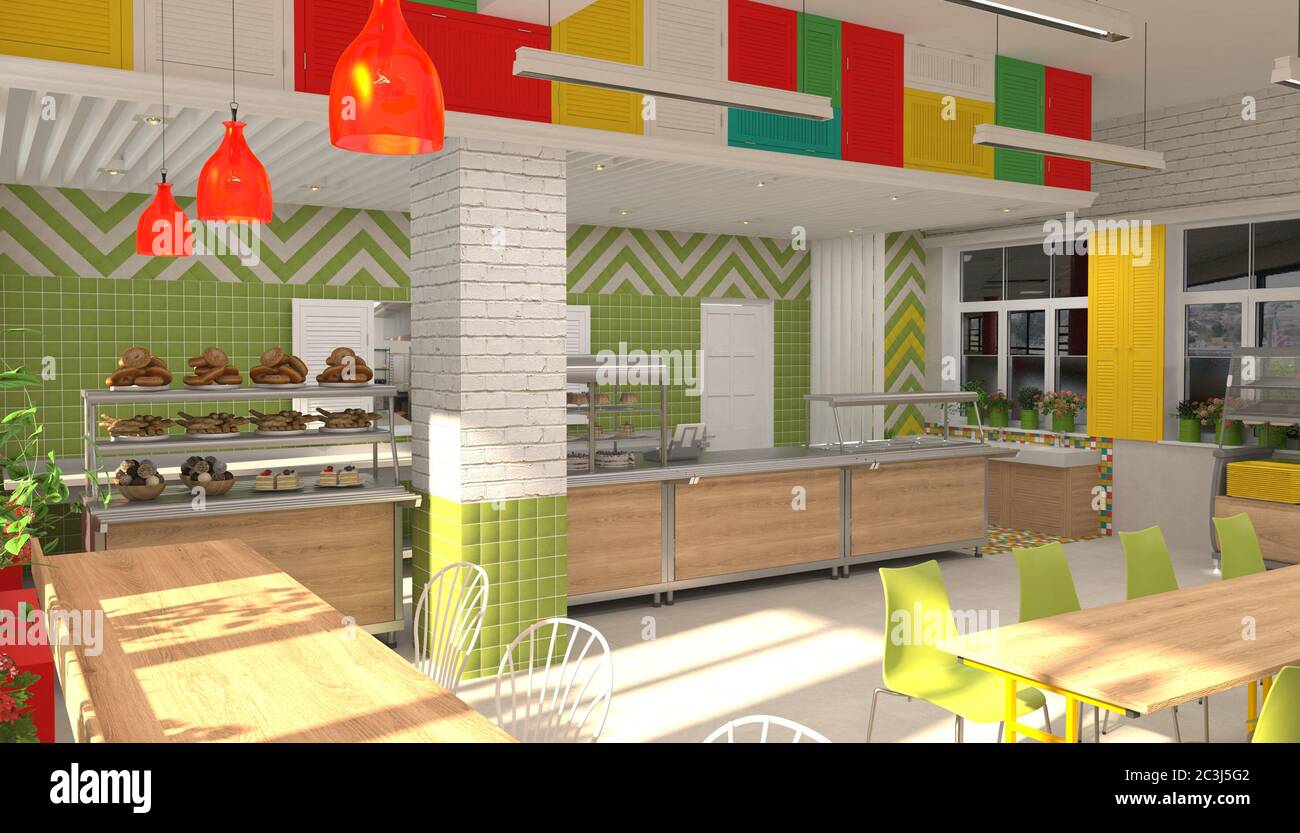 Interno della mensa per bambini della scuola. Visualizzazione 3D della sala da pranzo per gli studenti. Foto Stock