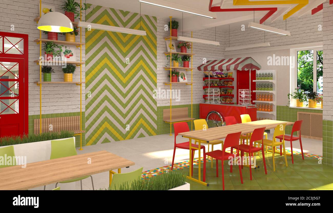 Interno della mensa per bambini della scuola. Visualizzazione 3D della sala da pranzo per gli studenti. Foto Stock