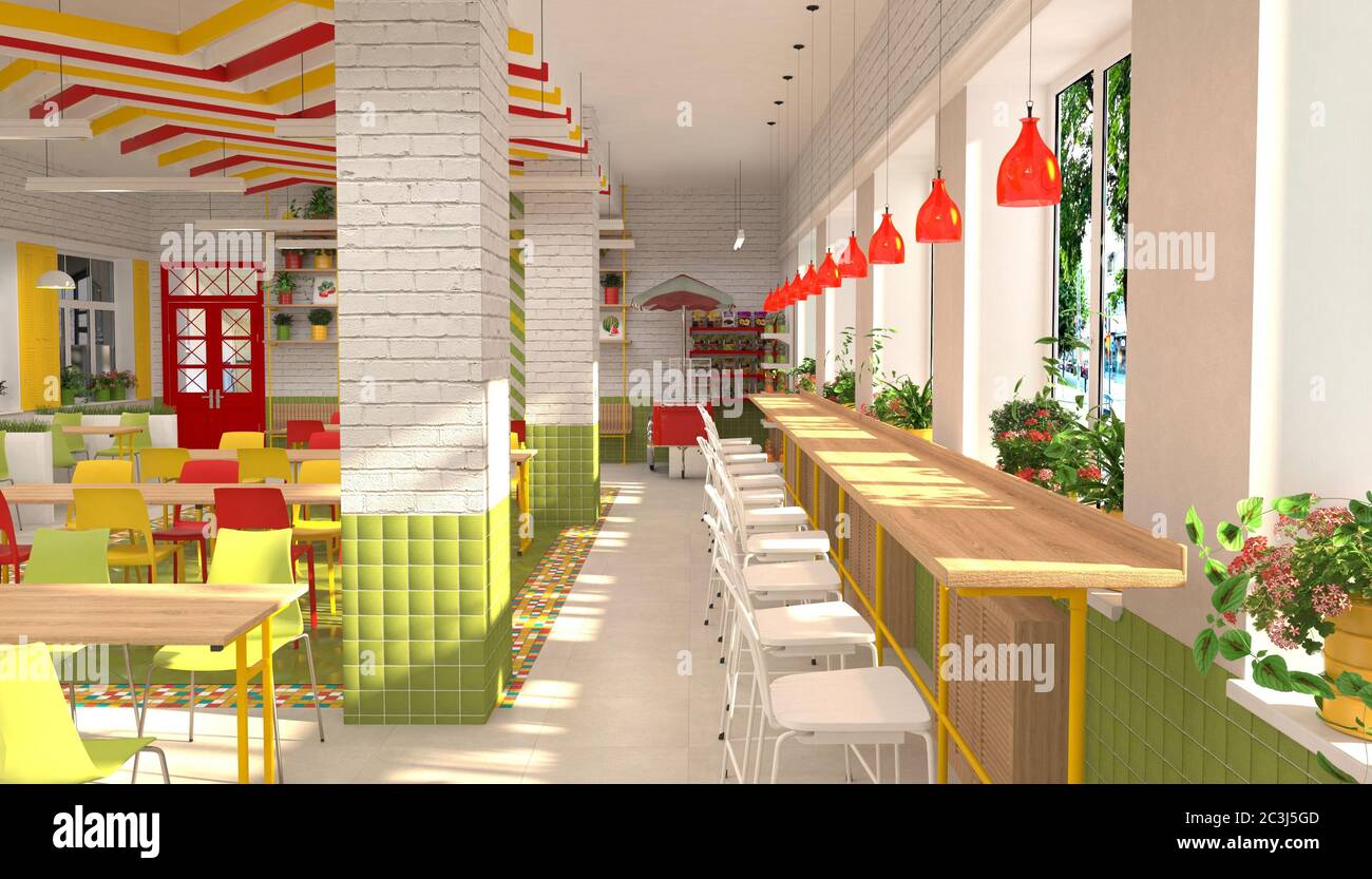 Interno della mensa per bambini della scuola. Visualizzazione 3D della sala da pranzo per gli studenti. Foto Stock