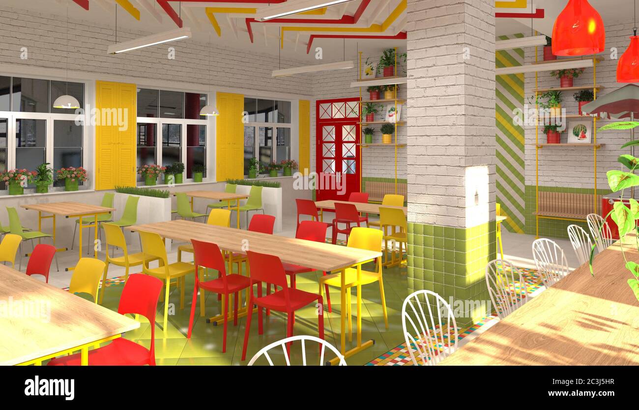Interno della mensa per bambini della scuola. Visualizzazione 3D della sala da pranzo per gli studenti. Foto Stock