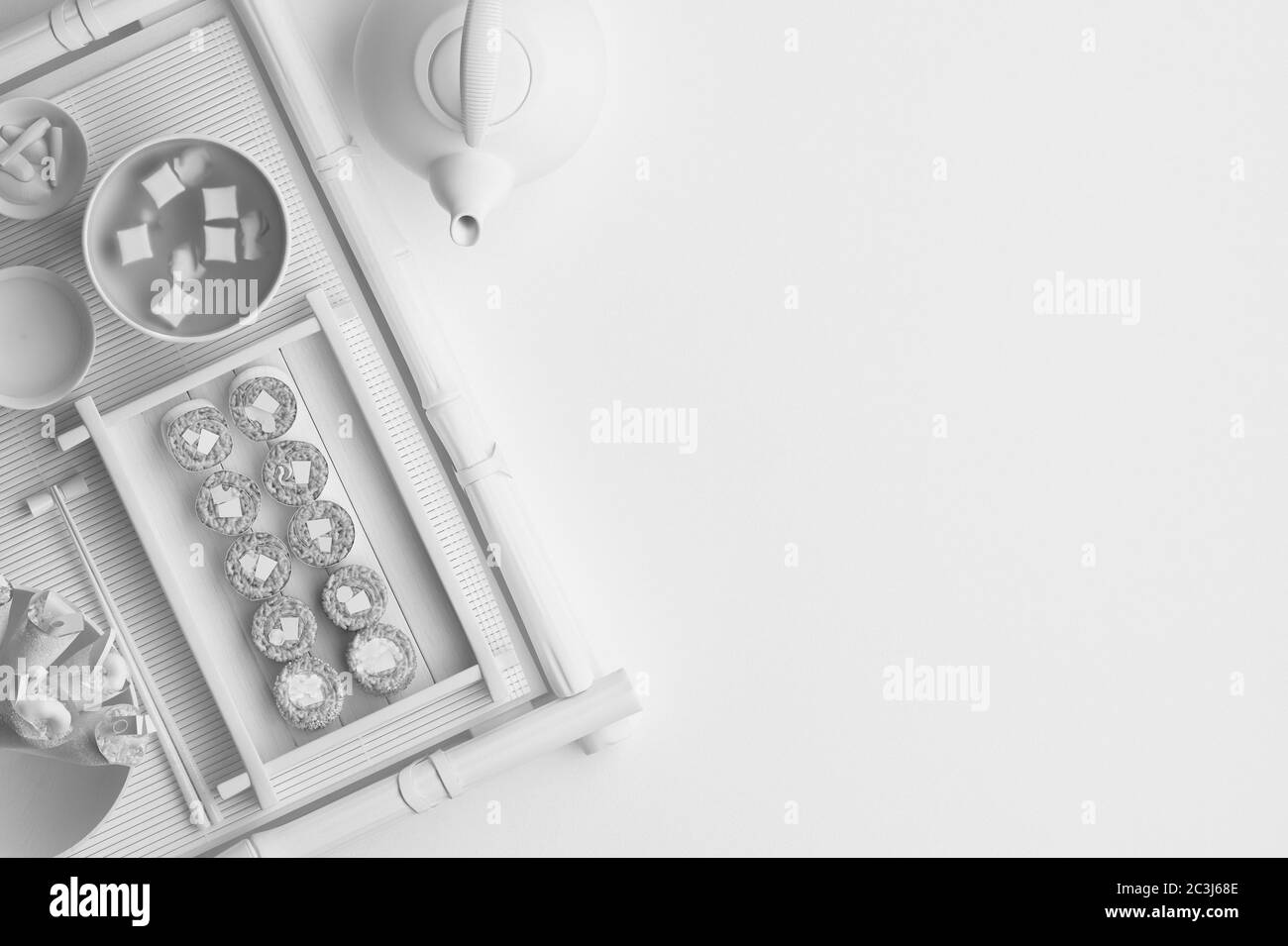 Composizione bianca monocromatica di sushi e panini su sfondo bianco. Banner con spazio per la copia del testo. Un set di piatti tradizionali giapponesi Foto Stock