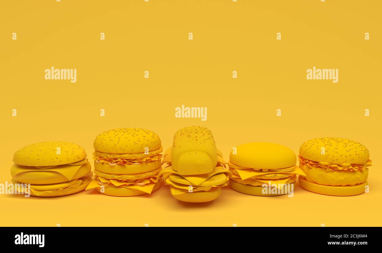 Hamburger e cheeseburgers in giallo monocromatico. Fast food nocivo su sfondo giallo. Illustrazione concettuale creativa con spazio di copia. 3D rend Foto Stock