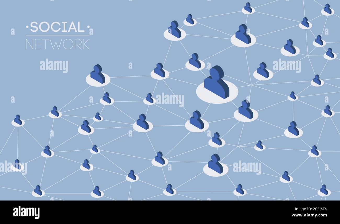Social network media comunicazione globale persone informazioni condivisione web 3D flat infografica isometrica illustrazione vettoriale. Connessione di rete Illustrazione Vettoriale