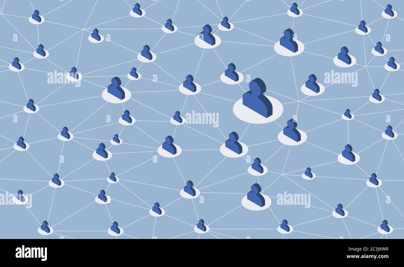 Social network media comunicazione globale persone informazioni condivisione web 3D flat infografica isometrica illustrazione vettoriale. Connessione di rete Illustrazione Vettoriale