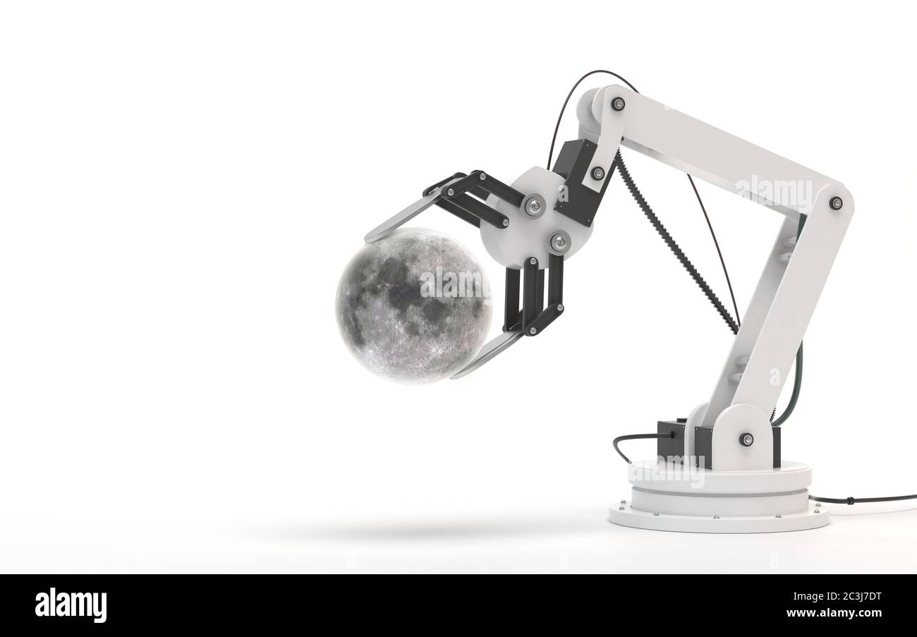 Robot industriale isolato su sfondo bianco. La mano robotica tiene una luna. Immagine concettuale creativa di intelligenza artificiale con spazio di copia. 3D r Foto Stock