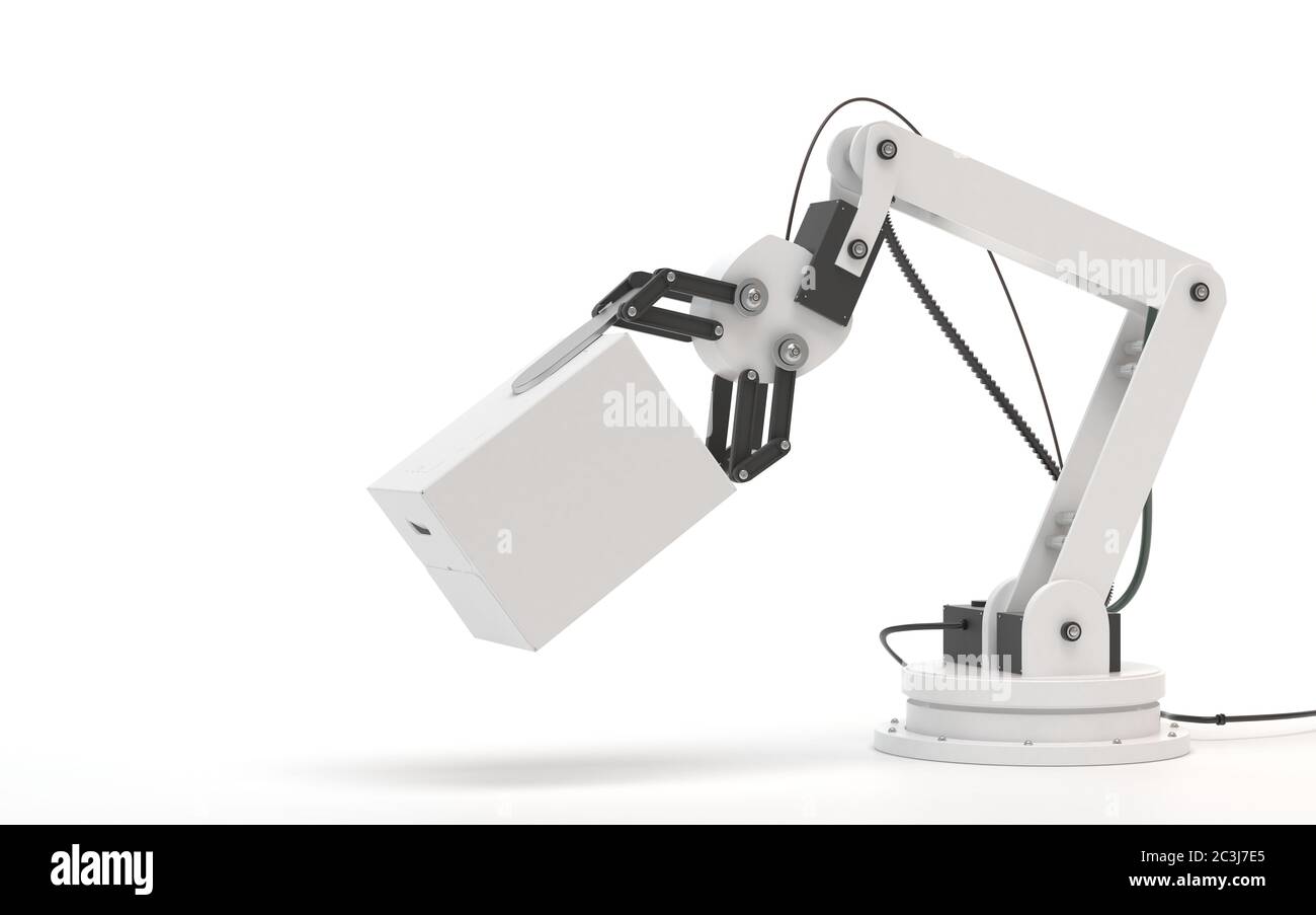 Robot industriale isolato su sfondo bianco. La mano robotica contiene una scatola bianca vuota. Immagine concettuale creativa di intelligenza artificiale con copia Foto Stock