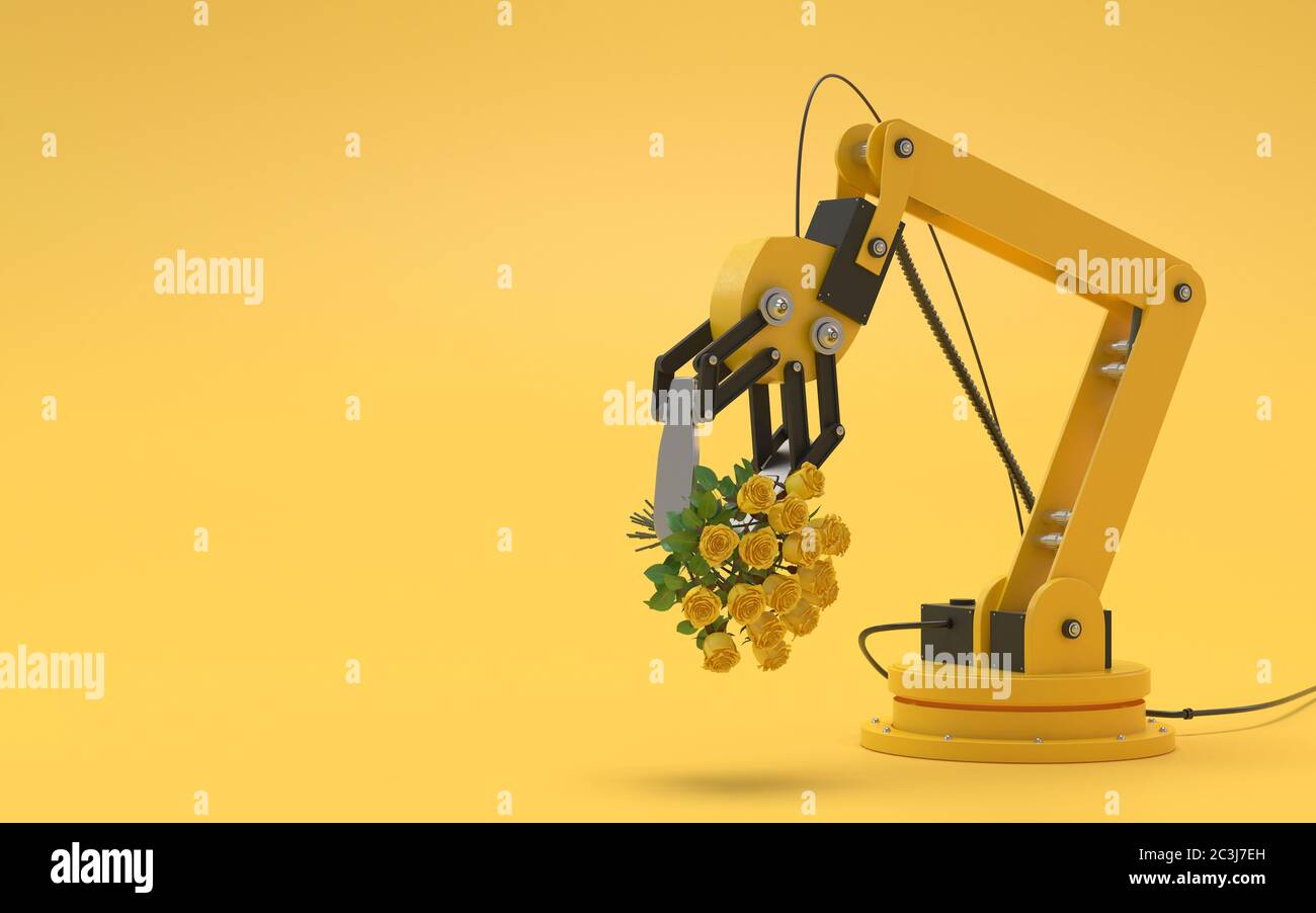 Robot industriale isolato su sfondo giallo. La mano robotica contiene un bouquet di rose gialle. Immagine concettuale creativa di intelligenza artificiale w Foto Stock