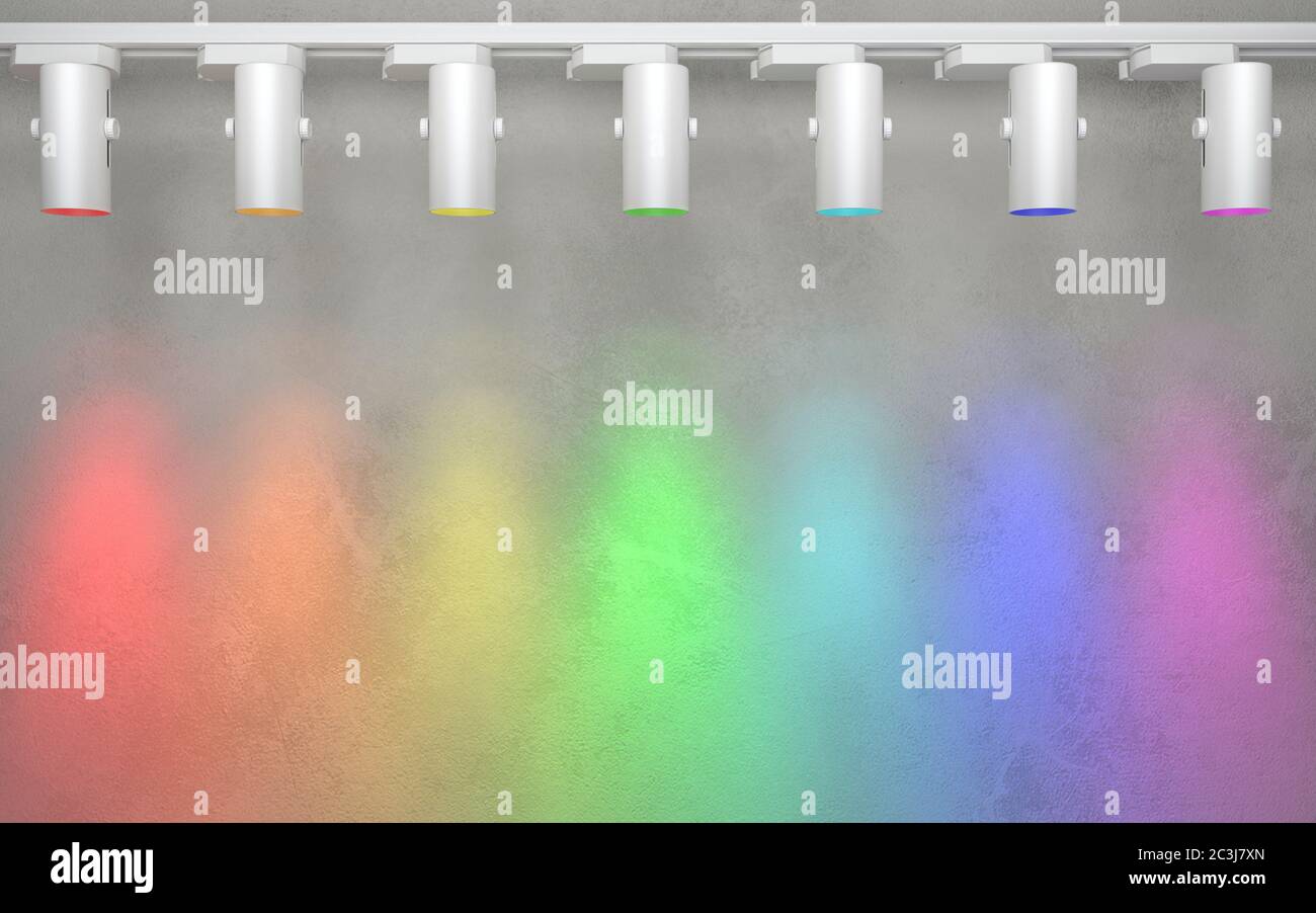 Sette faretti brillano sulla parete con colori colorati di colore arcobaleno chiaro. Illustrazione concettuale creativa con spazio di copia. Rendering 3D. Foto Stock