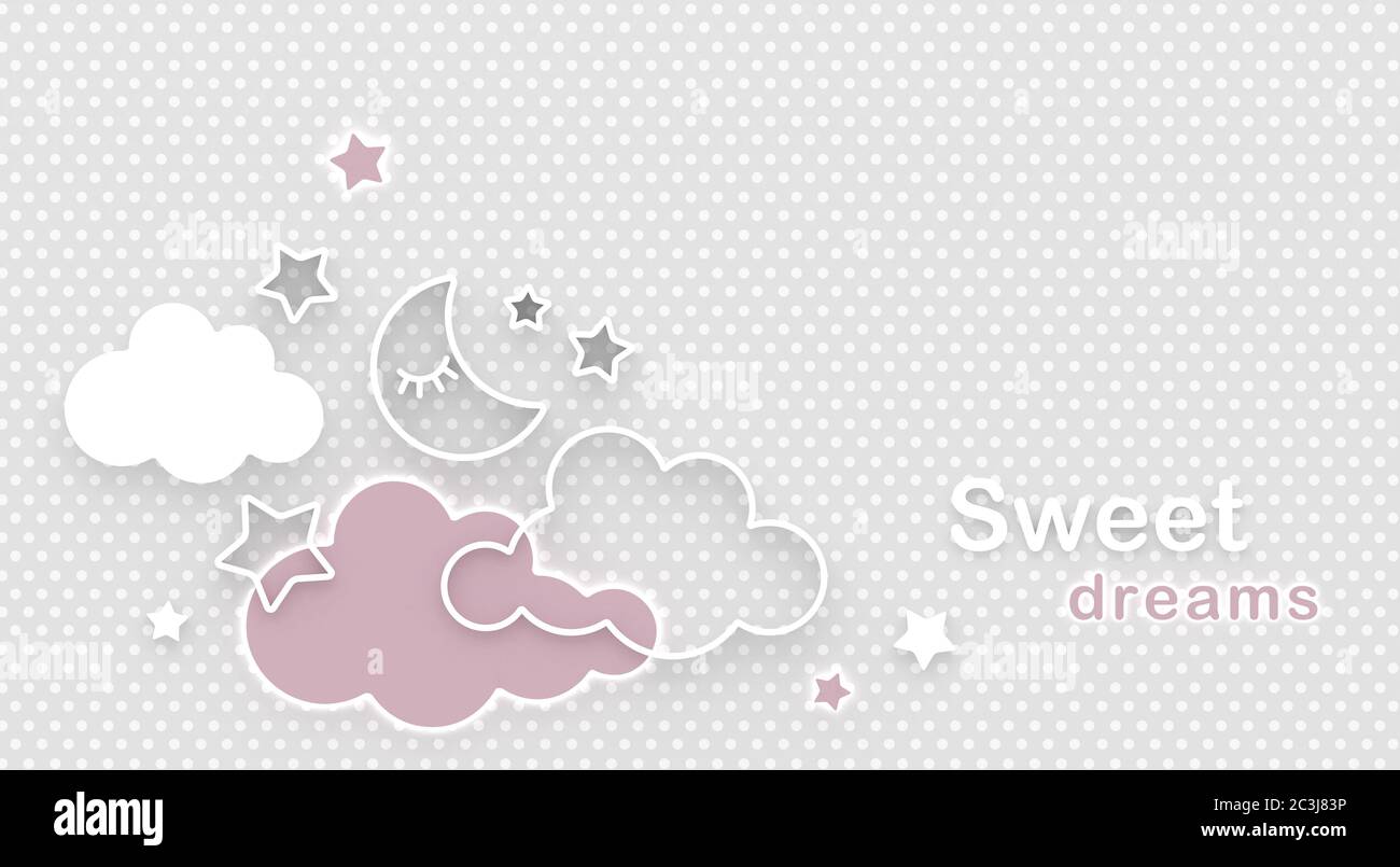 Fumetto che dorme la luna, le nuvole e le stelle nel cielo notturno. Augurando buona notte e sogni dolci. Biglietto di auguri con spazio per la copia. Rendering 3D. Foto Stock