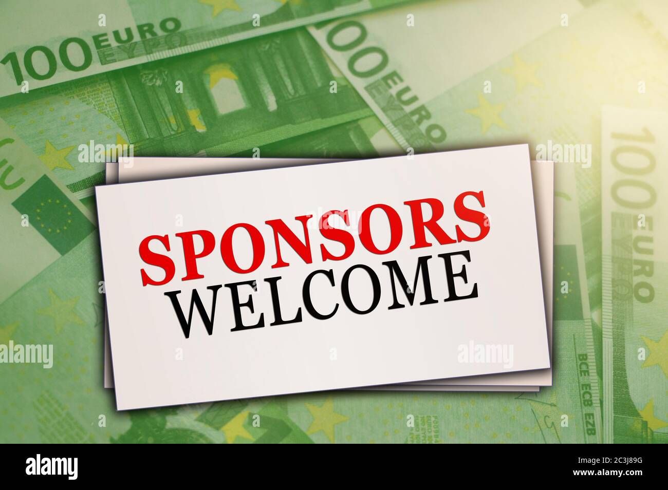 Testo di benvenuto degli sponsor sulla scheda businesscard ha messo oltre 100 euro di bollette. Idea di supporto e donazioni per le imprese Foto Stock