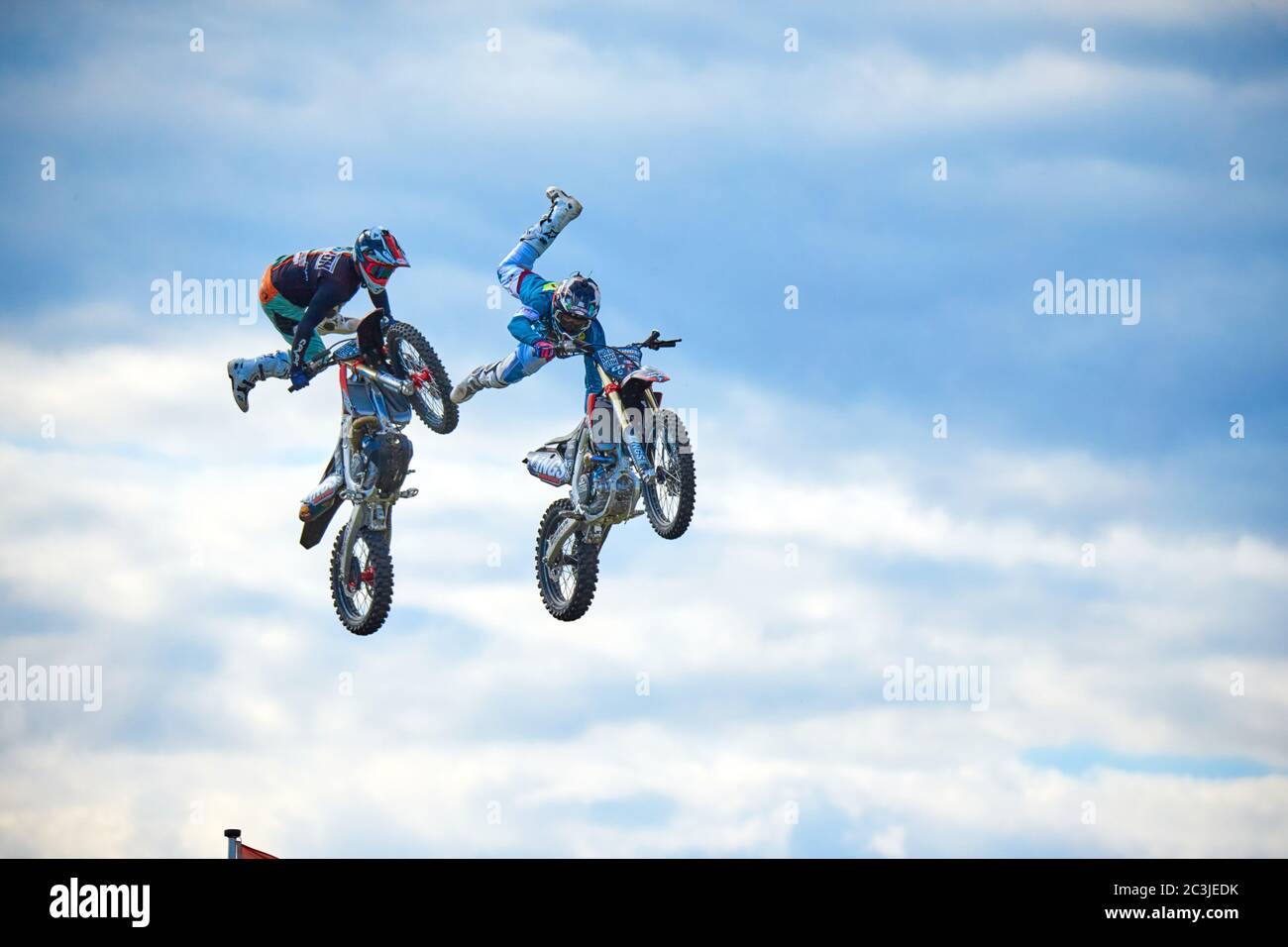 Il team di visualizzazione delle acrobazie freestyle di Bolddog Lings FMX si esibisce al Bucks County Show 2019 Foto Stock