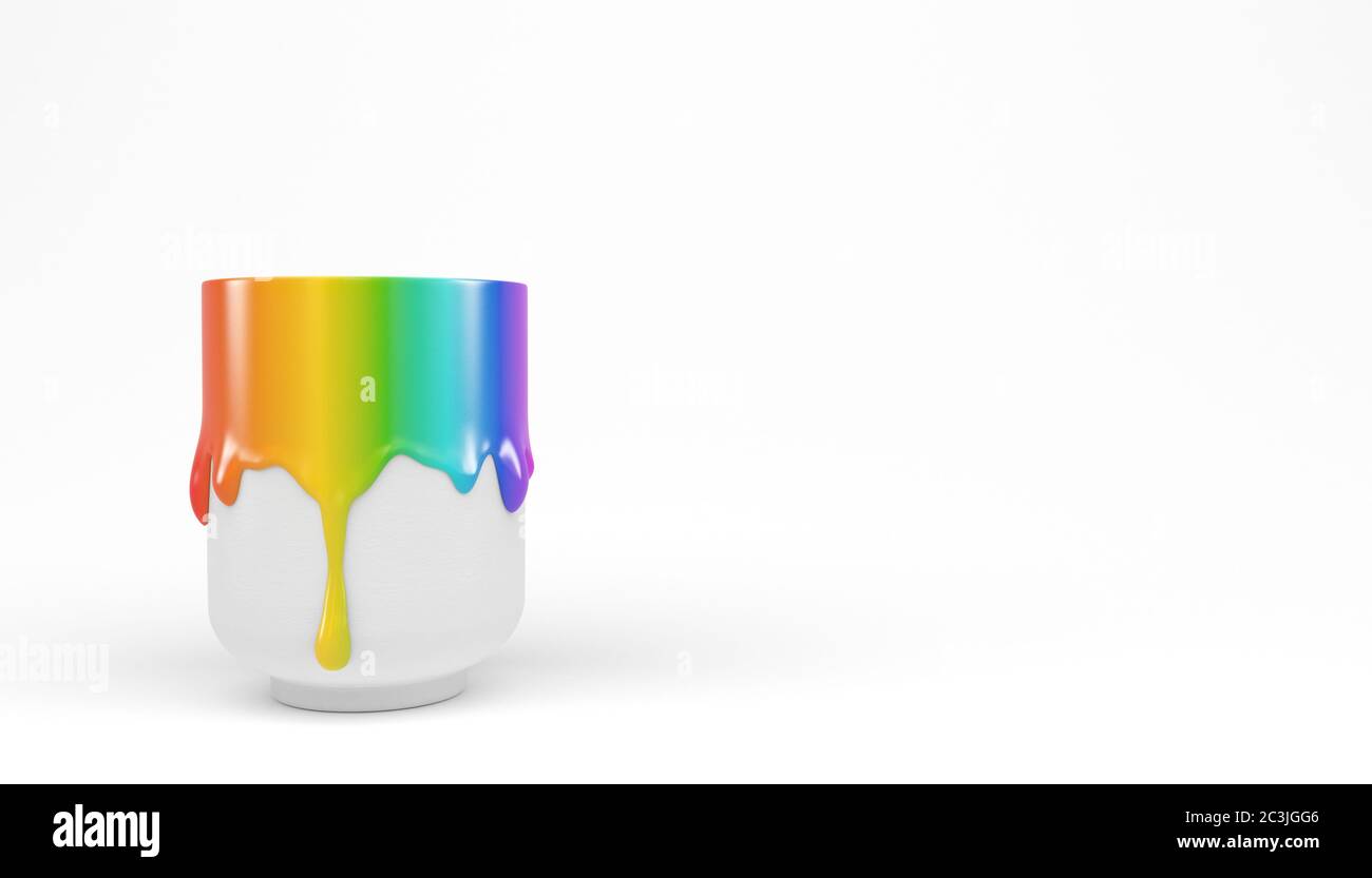 Un сup bianco con gouache di vernice spessa color arcobaleno su sfondo bianco. Banner con spazio per la copia. Rendering 3D. Foto Stock