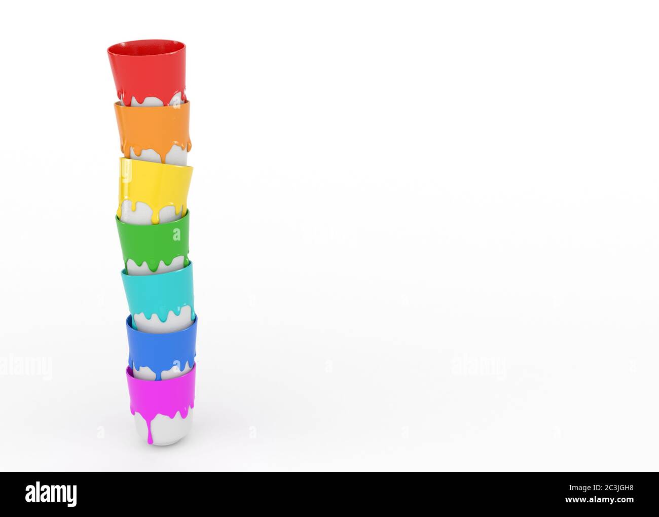 Sette сups con vernice gouache che perde sono in fila. Isolato su sfondo bianco. Vernice di colore arcobaleno spessa. Banner con spazio per la copia. Rendering 3D. Foto Stock