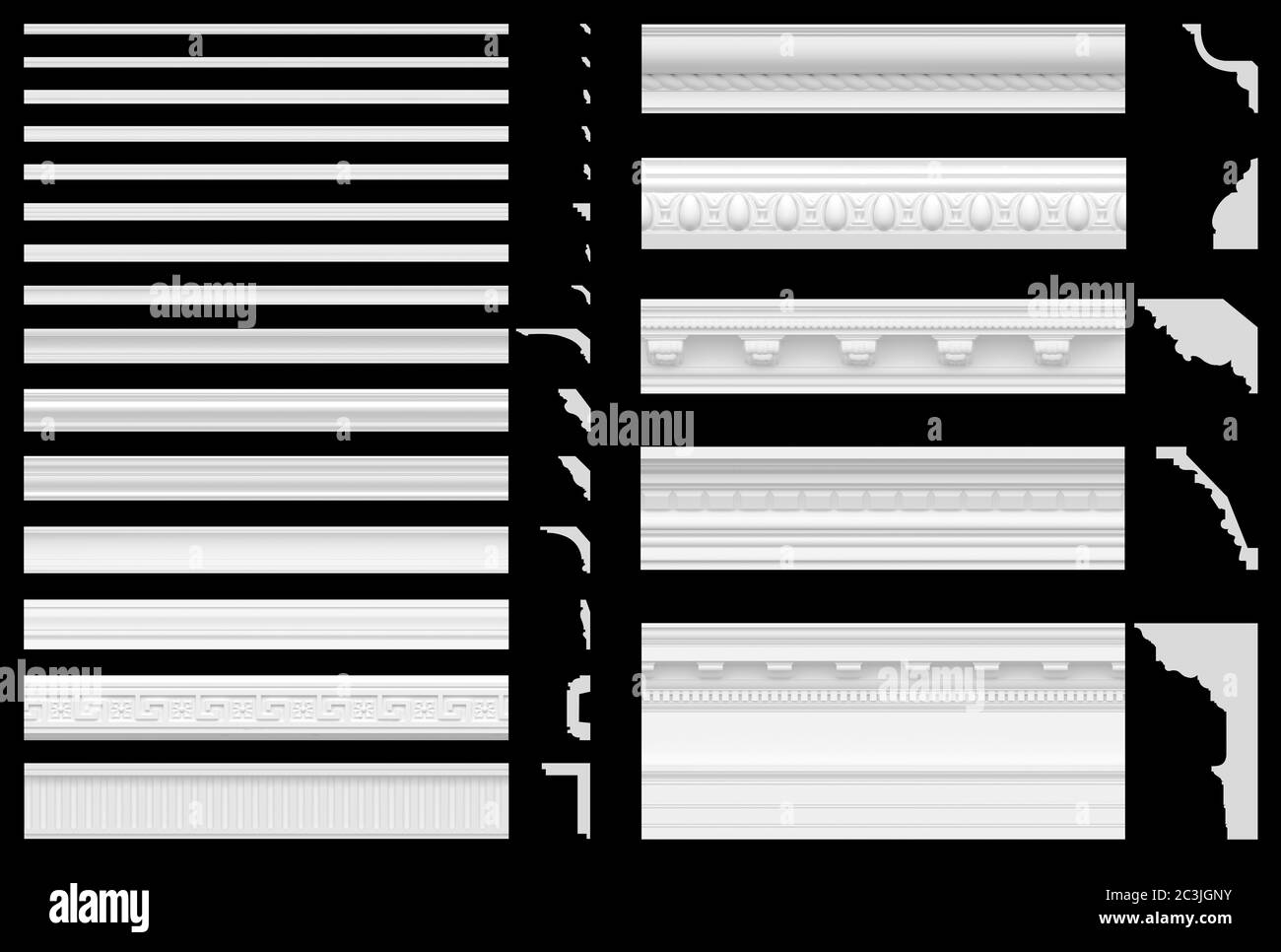 Un insieme di cornici e fregi isolati su uno sfondo nero. Visualizzazione 3D dello stucco gesso. Struttura senza cuciture di un classico zoccolo bianco. Foto Stock