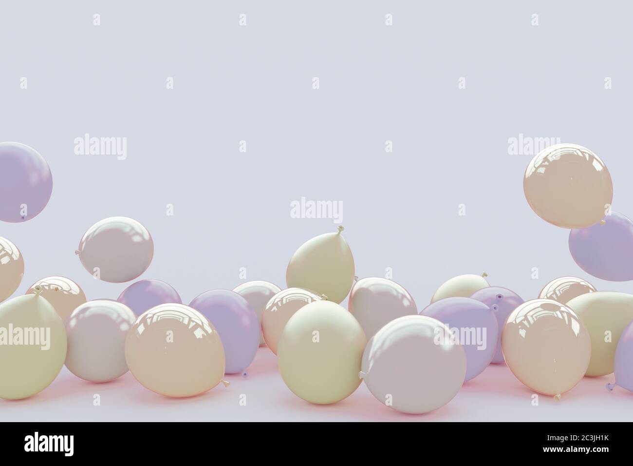 Un sacco di palloncini in colori pastello rosa su uno sfondo viola chiaro. Biglietto di auguri con spazio per la copia. Rendering 3D. Foto Stock