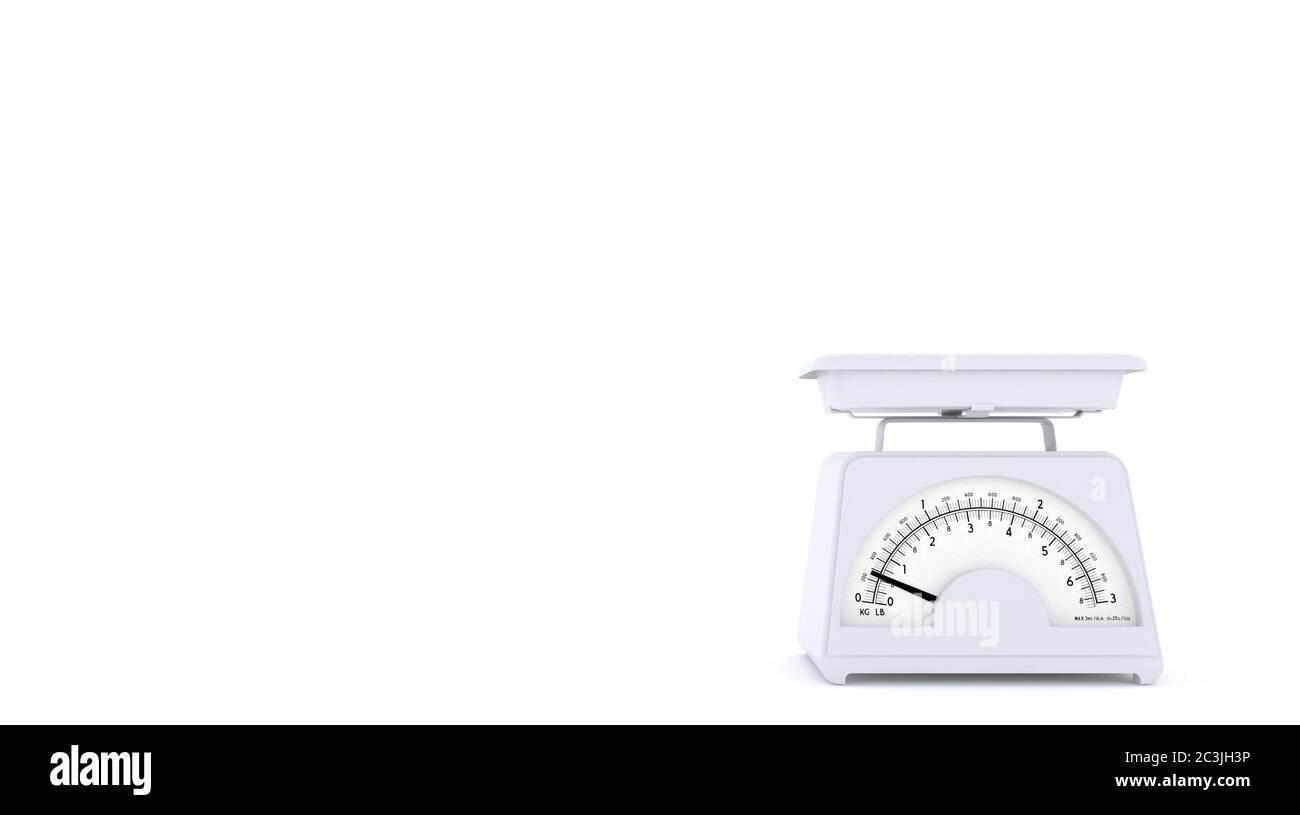 Bilancia bianca su sfondo bianco con spazio libero per testo o logo. Spazio di copia. Rendering 3D. Foto Stock