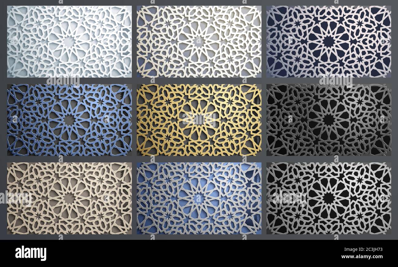 vettore 3d islamic pattern set vettoriale. Abrido 3d abico ornamento astratto. Sfondo arabesco islamico ornamento. Tradizionale elemento colorato musulmano ornato Illustrazione Vettoriale
