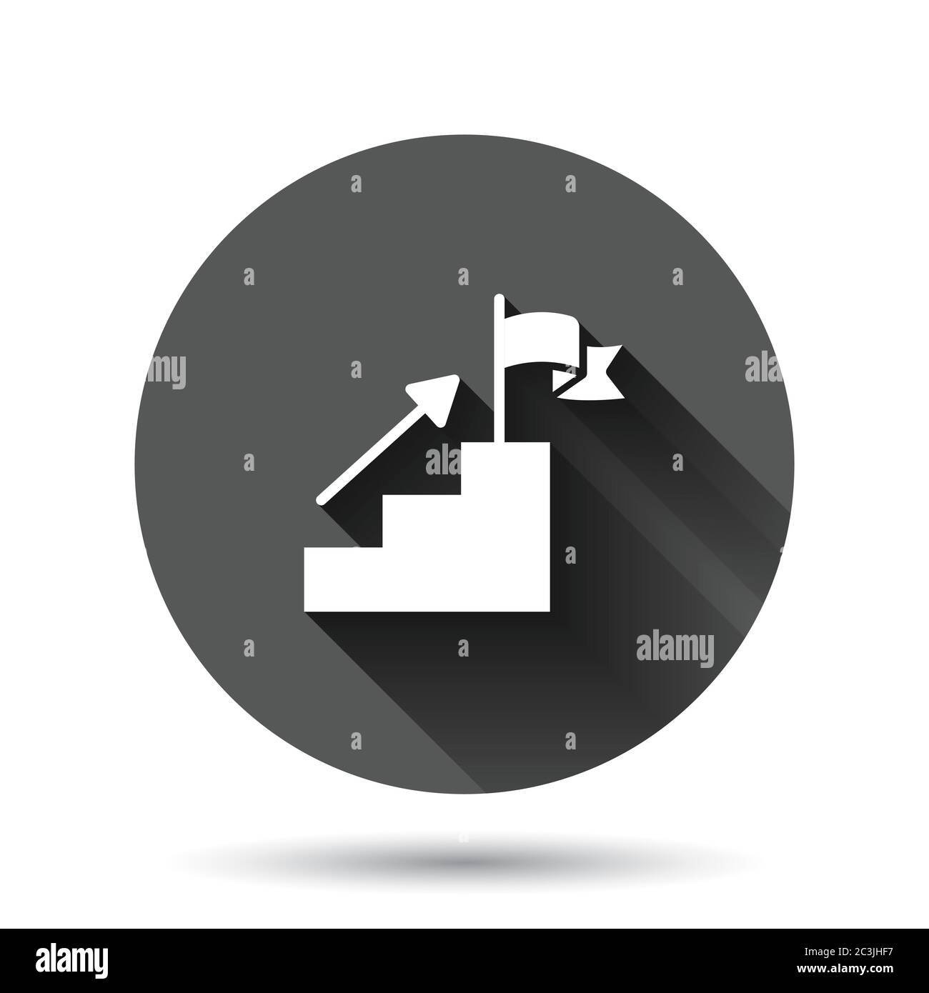 Scala con icona della bandiera di finitura in stile piatto. Illustrazione vettoriale sfida leadership su sfondo nero rotondo con effetto ombra lungo. Crescita della carriera c Illustrazione Vettoriale