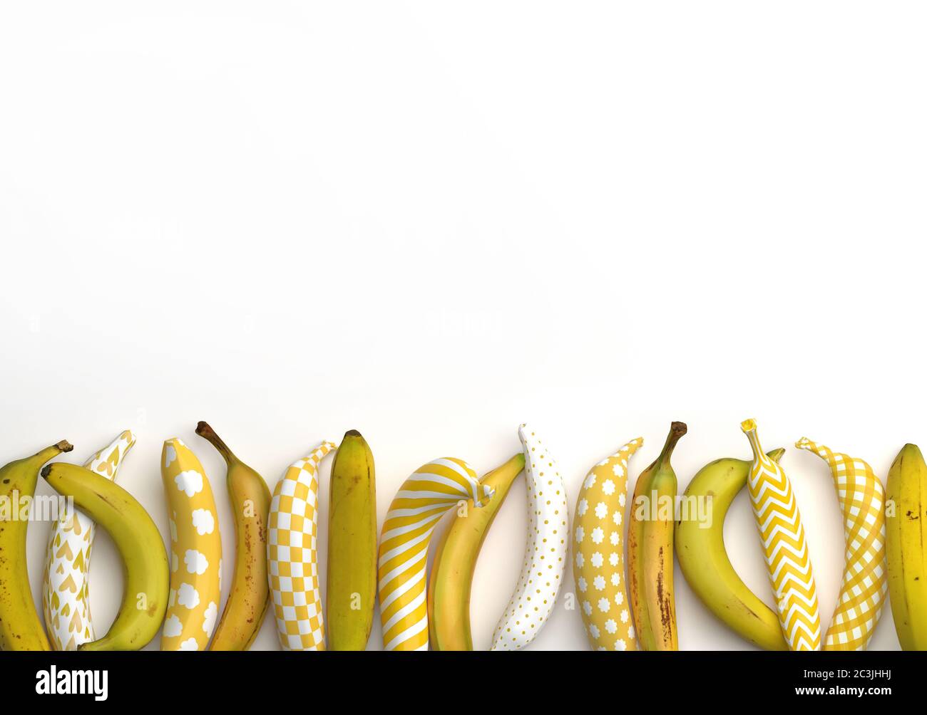 Molte banane gialle e a motivi isolati su sfondo bianco. Banane con una colorazione divertente cartone animato. Disegno grafico. Composi concettuali creativi Foto Stock