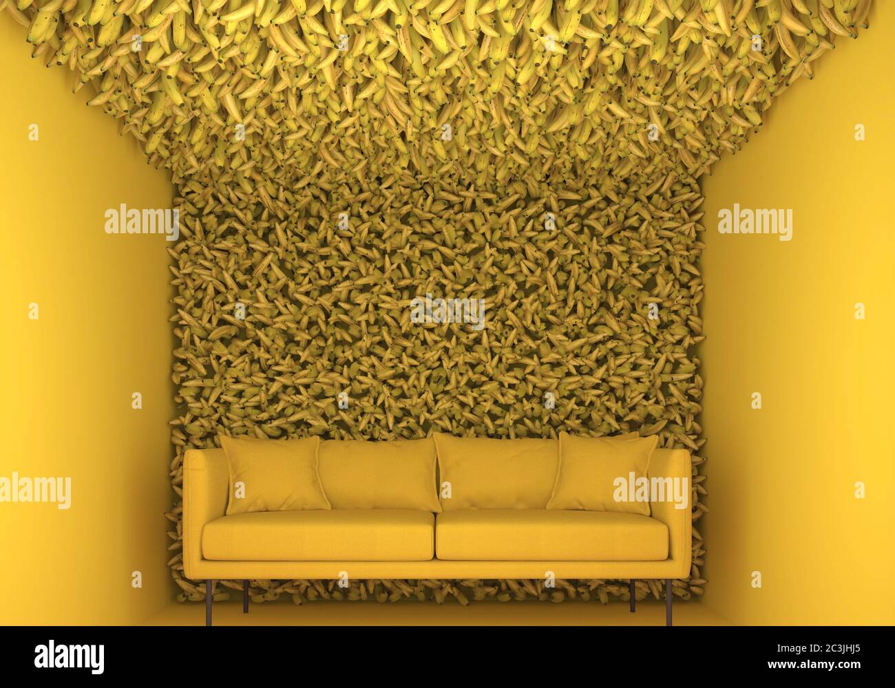 Interni in colore giallo monocromatico. Allestimento espositivo con molte banane e un divano. Composizione decorativa creativa. Rendering 3D di Arte moderna Foto Stock