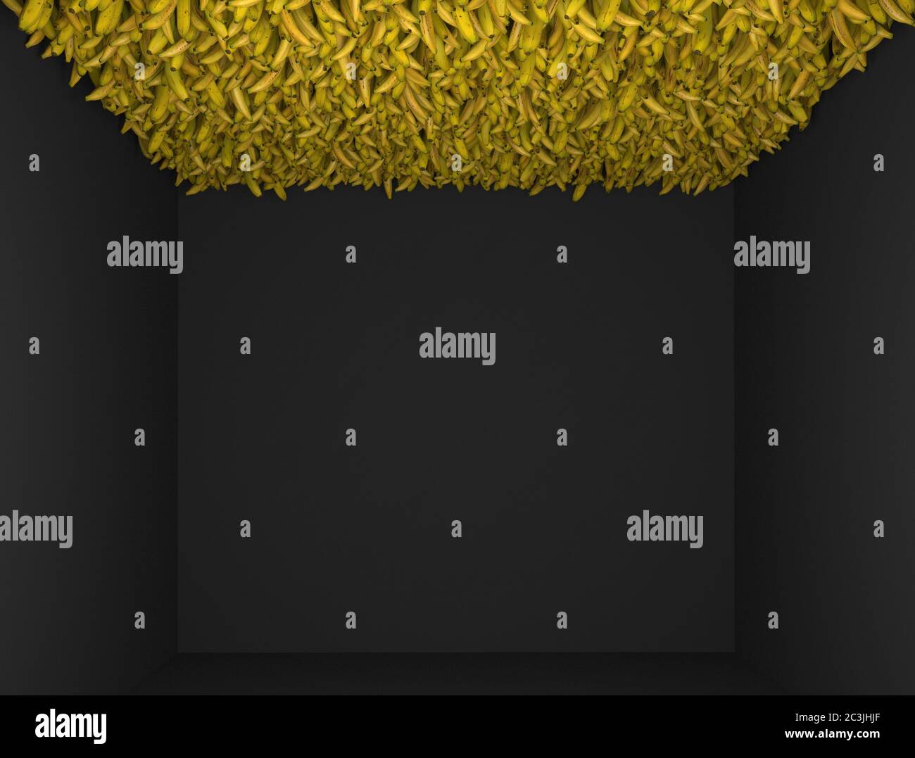 Interno con pareti nere. Allestimento con molte banane sul soffitto. Composizione decorativa creativa. Rendering 3D di Arte moderna. Foto Stock
