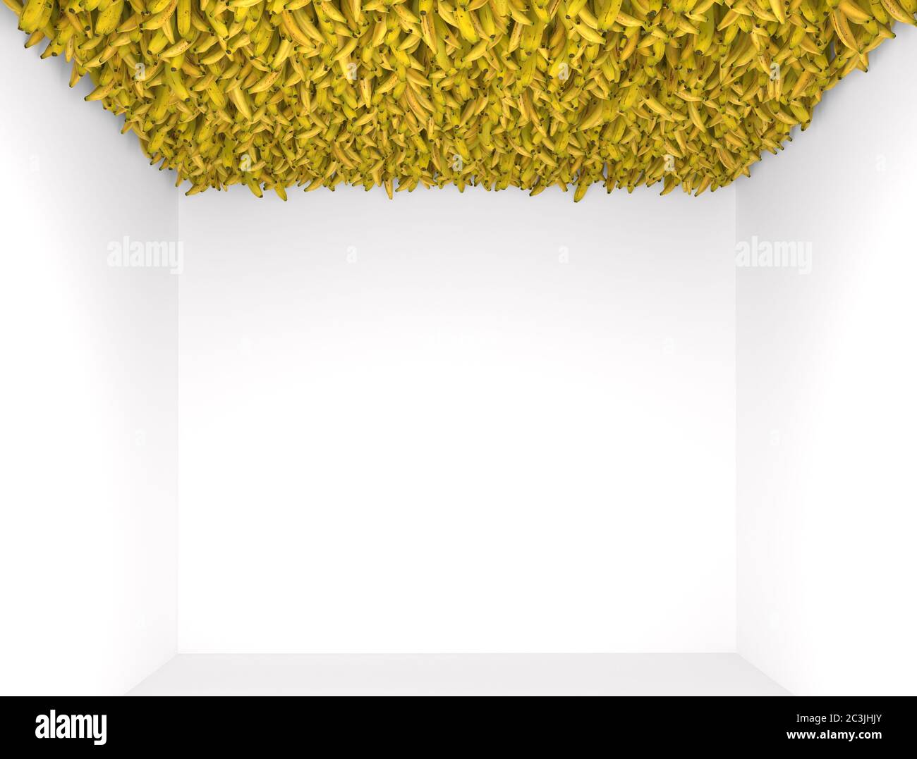 Interno con pareti bianche. Allestimento con molte banane sul soffitto. Composizione decorativa creativa. Rendering 3D di Arte moderna. Foto Stock