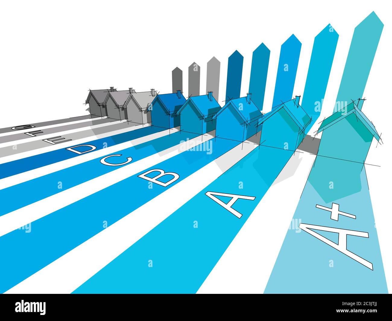 sette case più una in più certificate in otto classi energetiche in colorato diagramma a freccia Illustrazione Vettoriale