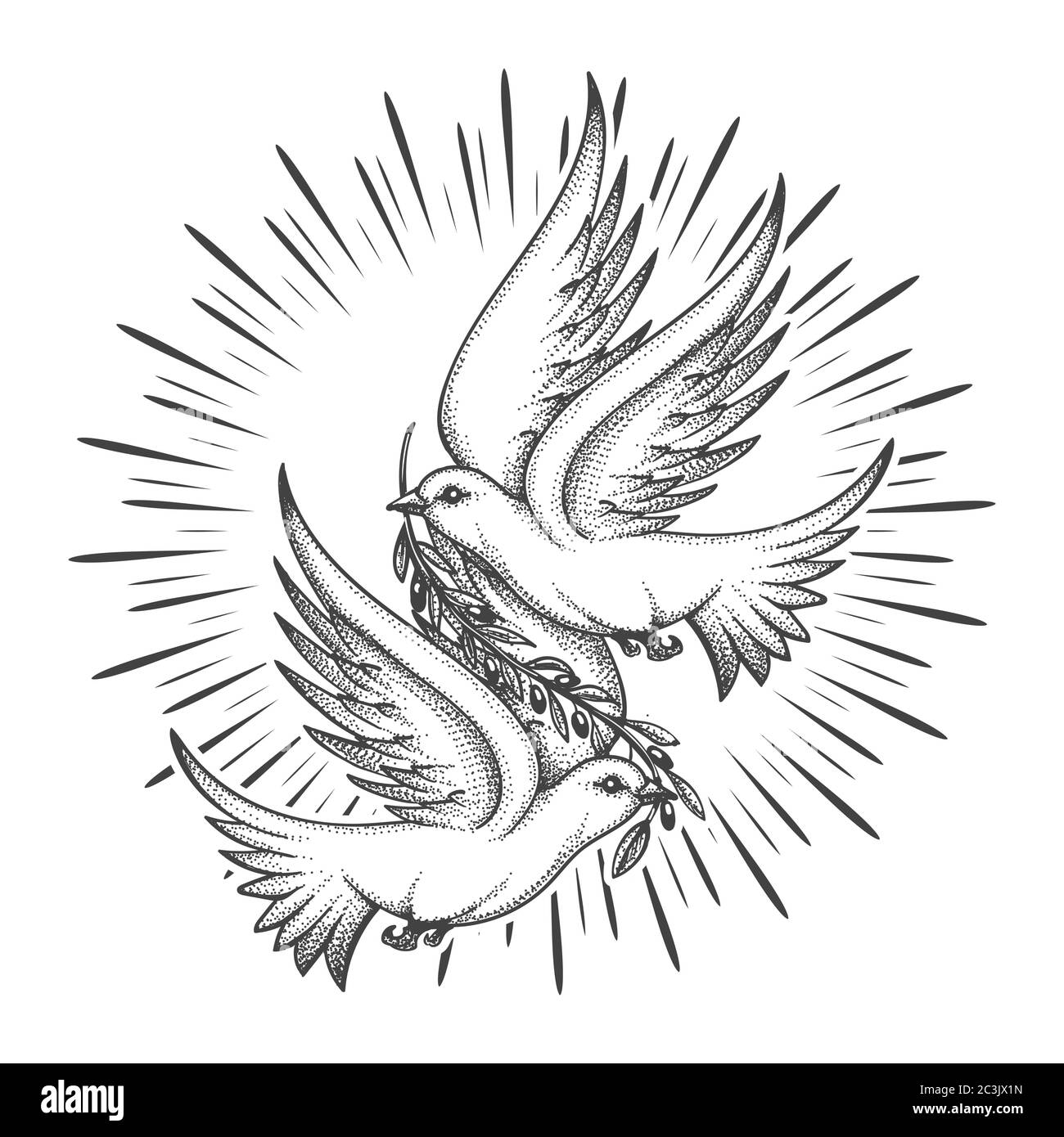 Due colombe che volano con un ramoscello. Colomba del Tattoo concetto di Pace. Illustrazione vettoriale. Illustrazione Vettoriale
