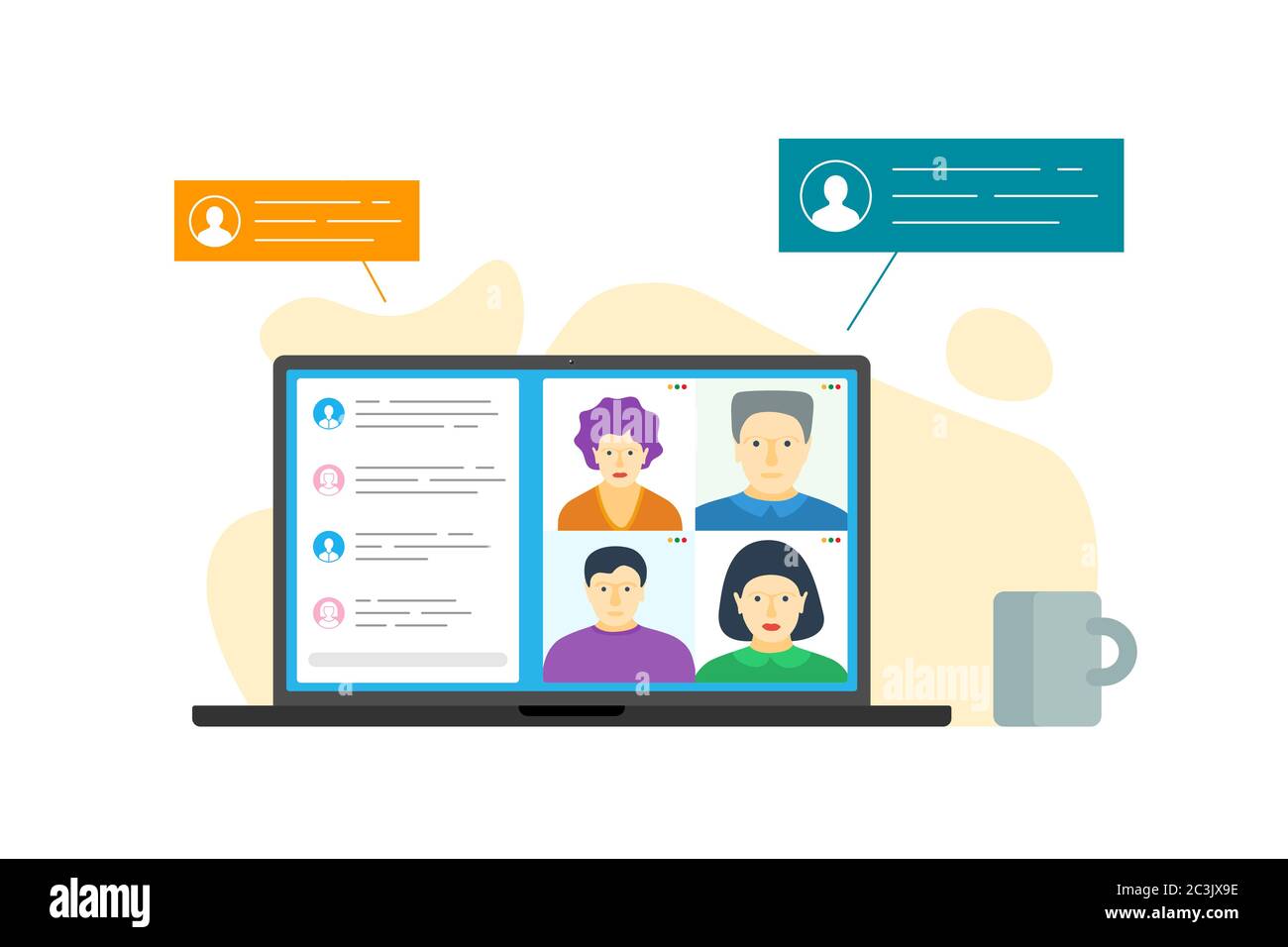 Gruppo di persone sullo schermo del computer portatile che partecipa alla conferenza online. Riunione di lavoro a casa e webinar o videoconferenza a distanza. Illustrazione vettoriale delle videoconferenze e delle chat di comunicazione Web Illustrazione Vettoriale