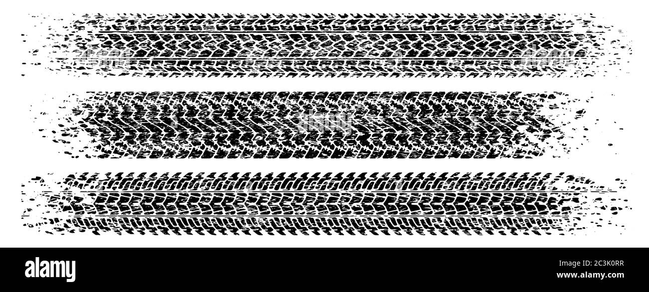 Set di tre tracce di pneumatici shabby, grunge, vettore sporco. Illustrazione Vettoriale