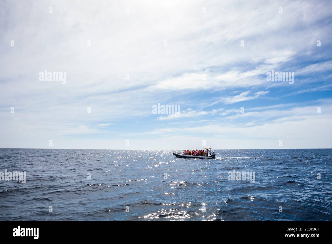 Turisti su una barca di avvistamento delle balene offshore di Cabo San Lucas, BCS, Messico. Foto Stock