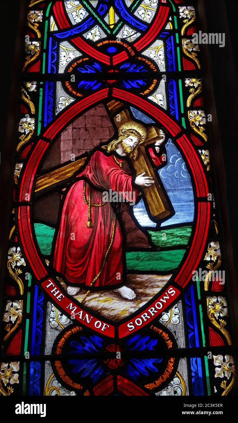 Man of Sorrows, St Michael and All Angels Church Stained Glass, 23 Wirswall Rd, Marbury, Whitchurch, Cheshire, Inghilterra, Regno Unito, SY13 4LL Foto Stock