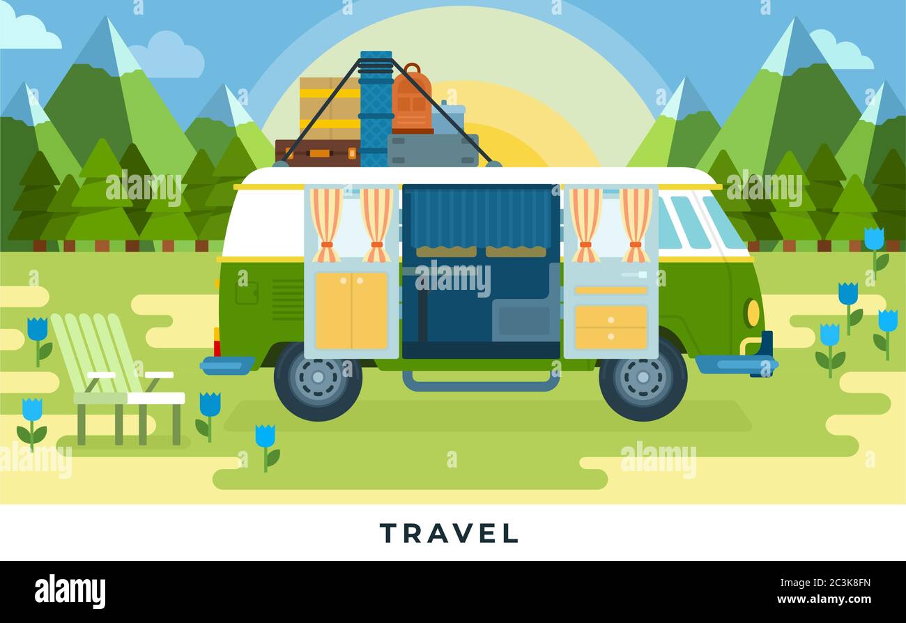 Furgone da viaggio per l'illustrazione piatta del vettore da viaggio. Autobus con elementi diversi si trova vicino alle montagne. Illustrazione Vettoriale