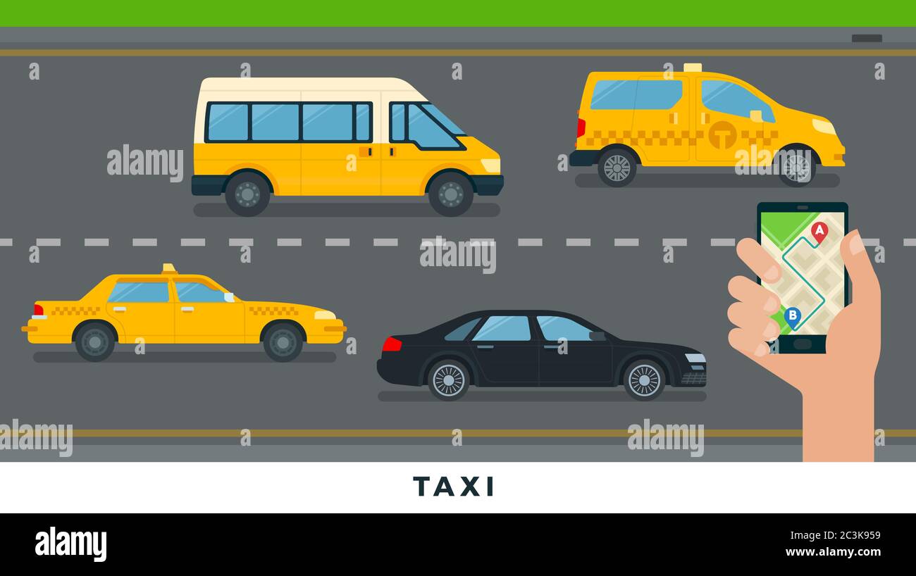 Servizio taxi. Illustrazione vettoriale del servizio di trasporto urbano dal design piatto. Illustrazione Vettoriale