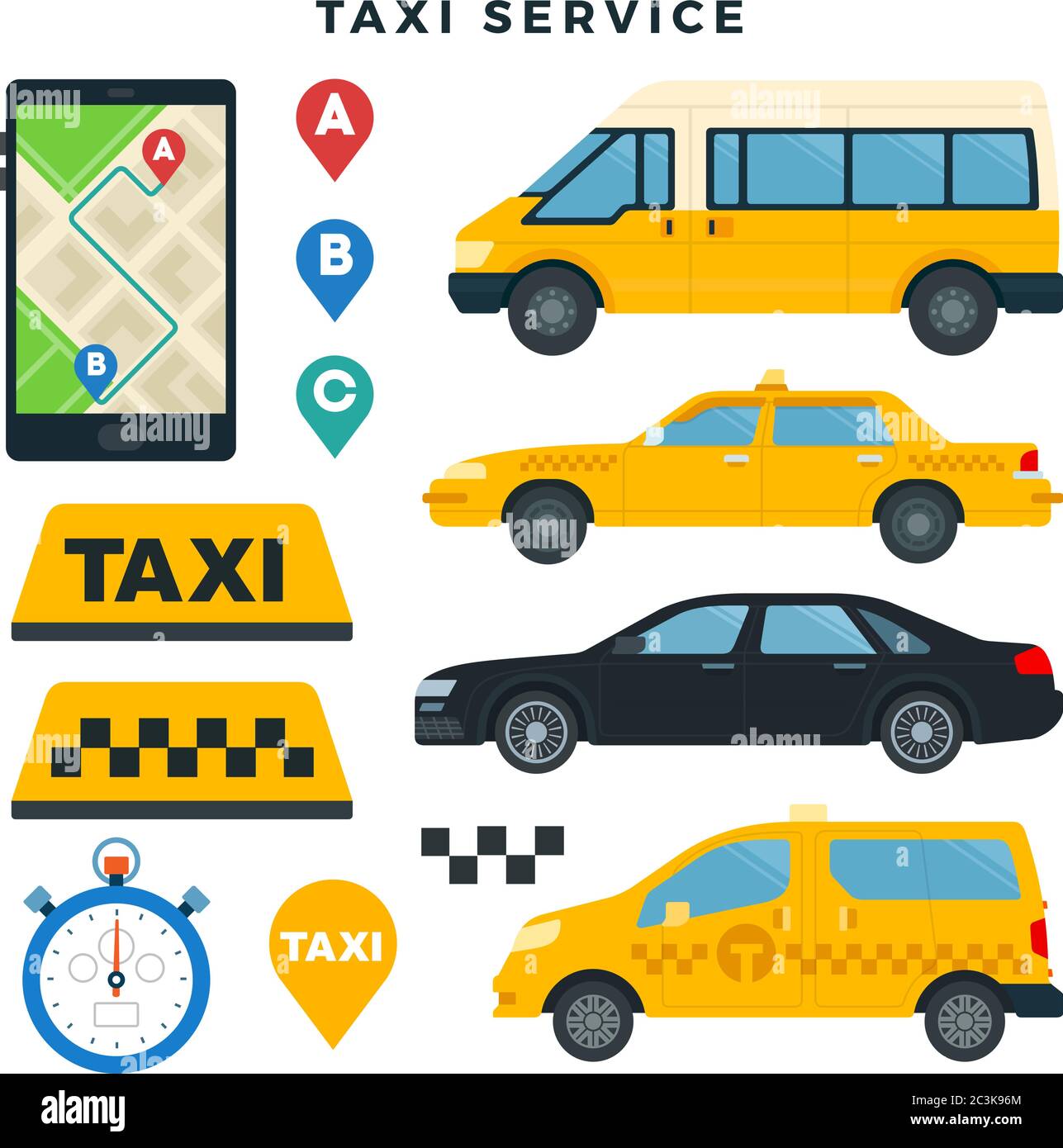 Diversi tipi di taxi auto e segnali di taxi, prenotazione taxi app mobile, set di elementi. Illustrazione vettoriale, isolata in bianco. Illustrazione Vettoriale