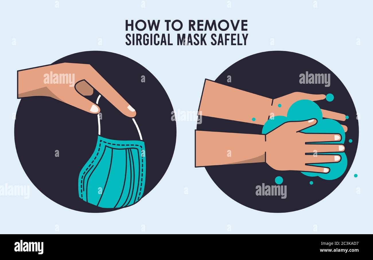 come rimuovere la maschera chirurgica in modo sicuro infografica disegno vettoriale Illustrazione Vettoriale