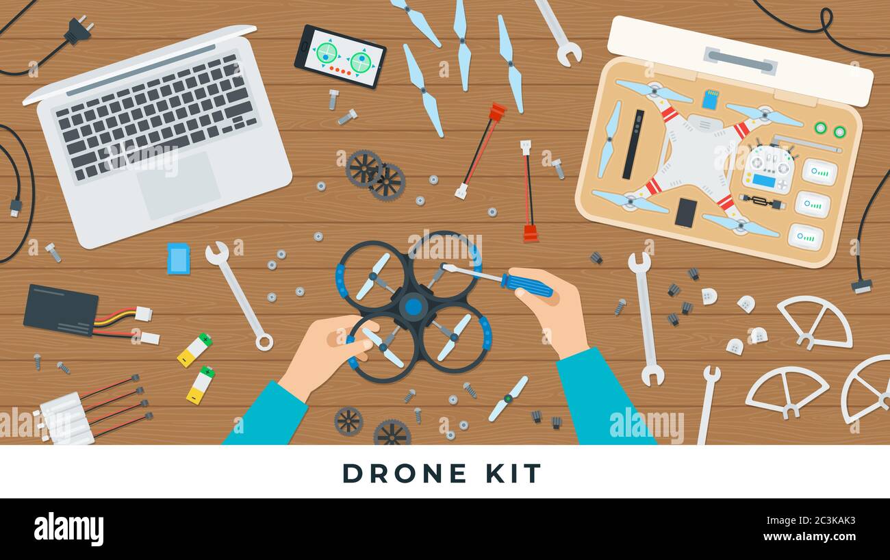Kit drone. Illustrazioni piatte vettoriali. L'uomo a mano che lavora con gli attrezzi del quadricottero sul tavolo. Illustrazione Vettoriale