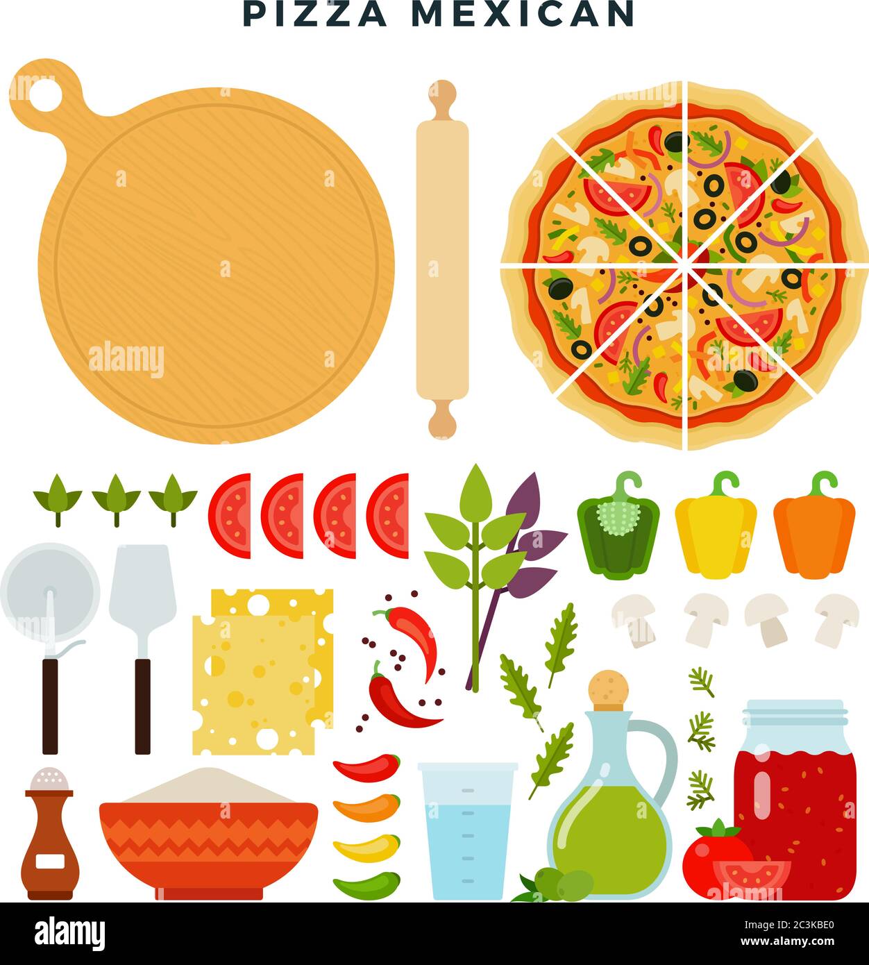 Pizza messicana e tutti gli ingredienti per cucinare. Fai la tua pizza. Set di prodotti e strumenti per la pizza. Illustrazione vettoriale. Illustrazione Vettoriale