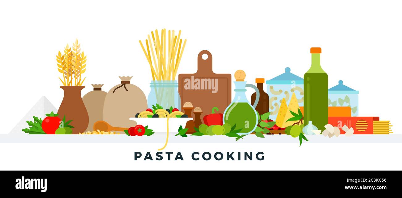 Cottura della pasta. Illustrazioni piatte vettoriali. Prodotti per la cottura della pasta. Cucina Italiana. Illustrazione Vettoriale