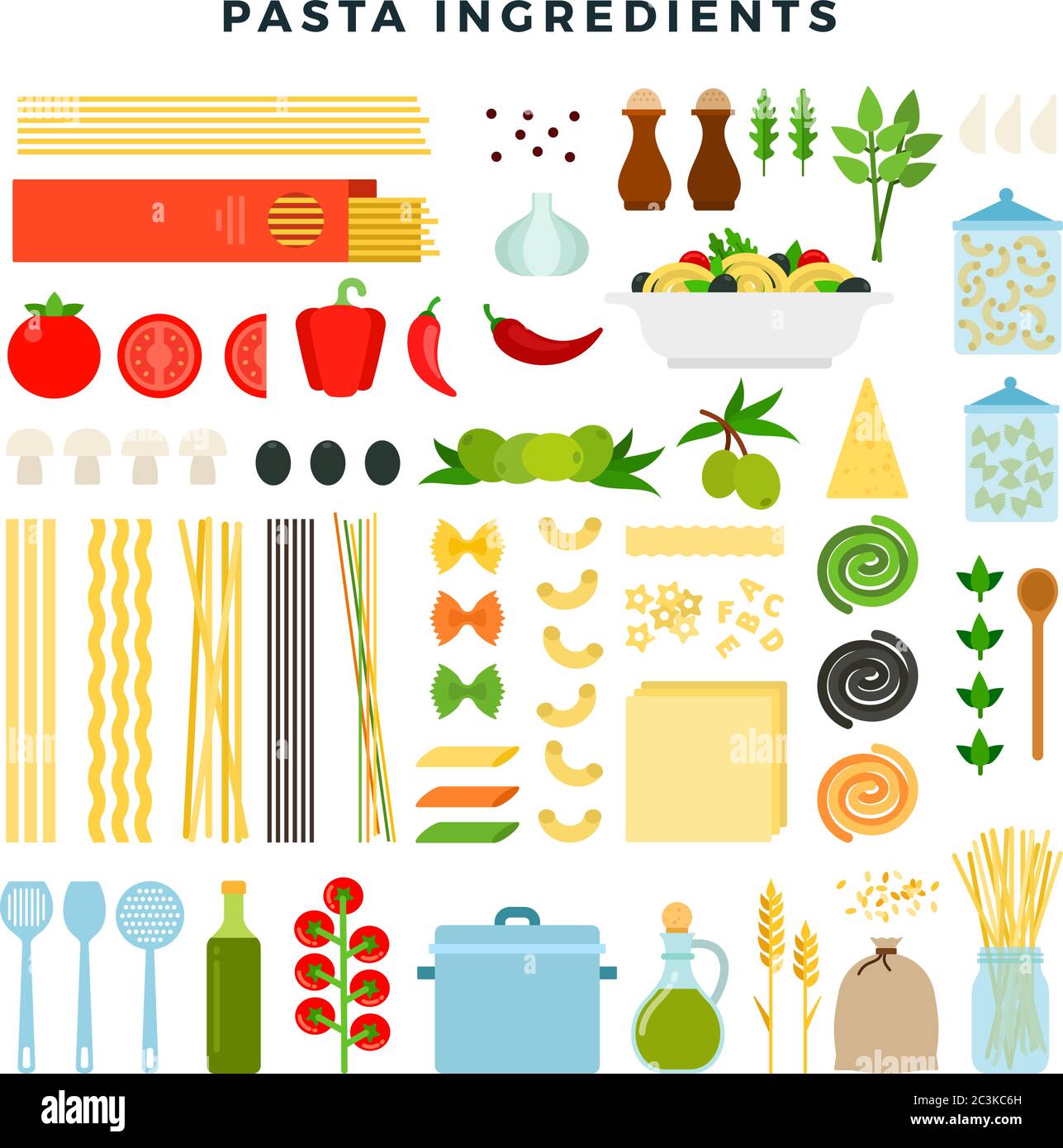 Set di ingredienti per la preparazione della pasta. Diverse forme di pasta, prodotti e utensili per la cottura. Illustrazione vettoriale in stile piatto. Illustrazione Vettoriale