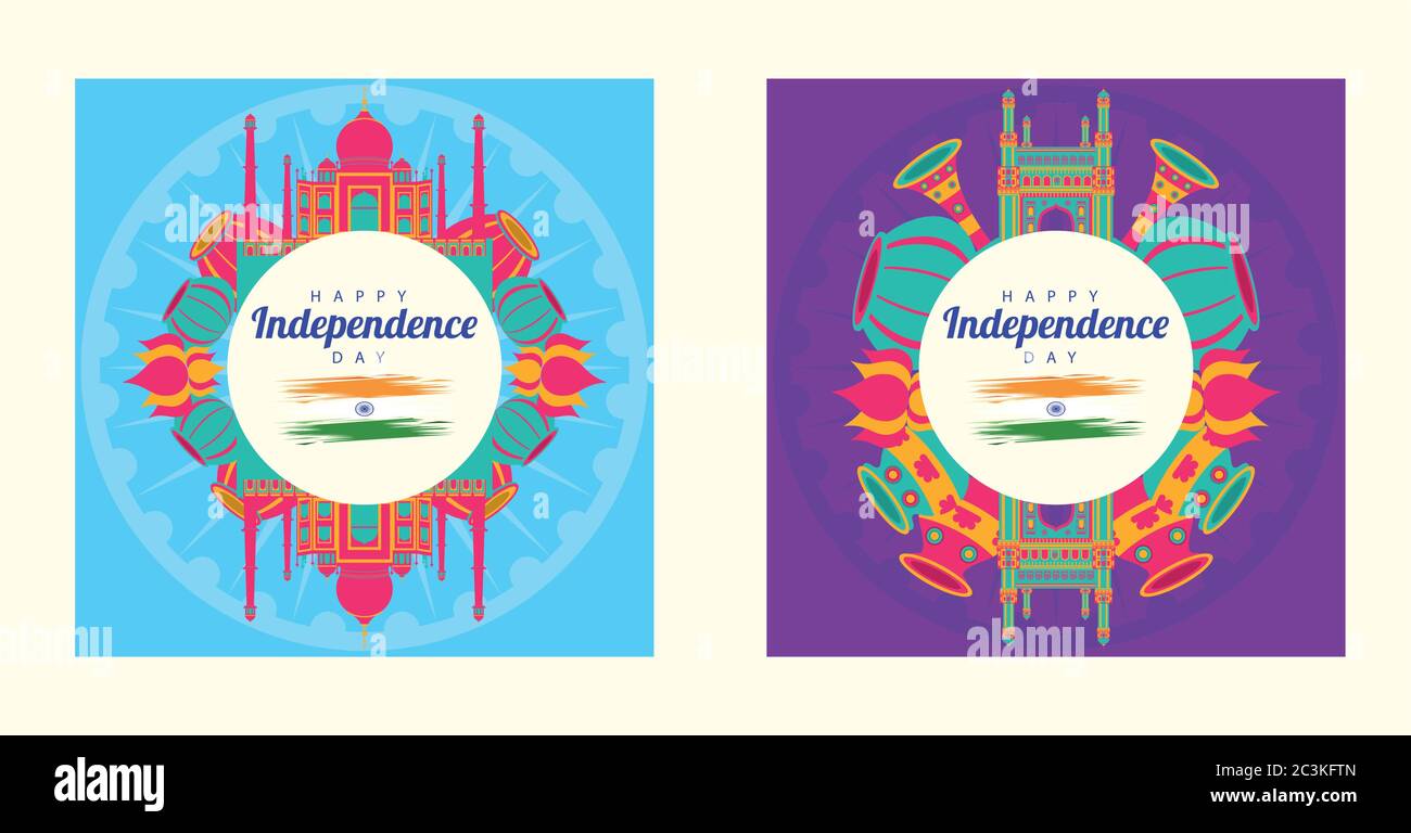 india festa giorno indipendenza con icone in cornici circolari disegno vettoriale illustrazione Illustrazione Vettoriale