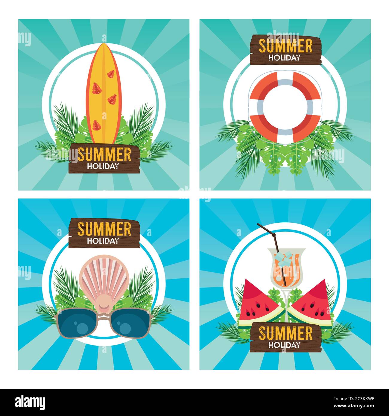 etichetta per le vacanze estive con icone impostate, disegno a forma di vettore Illustrazione Vettoriale