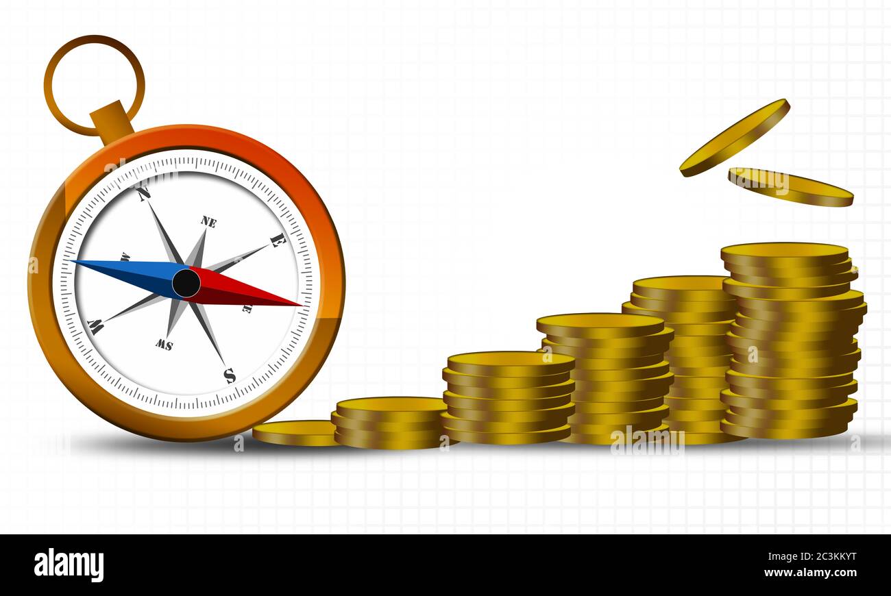 Bussola con pila di monete d'oro, rendering 3d Foto Stock