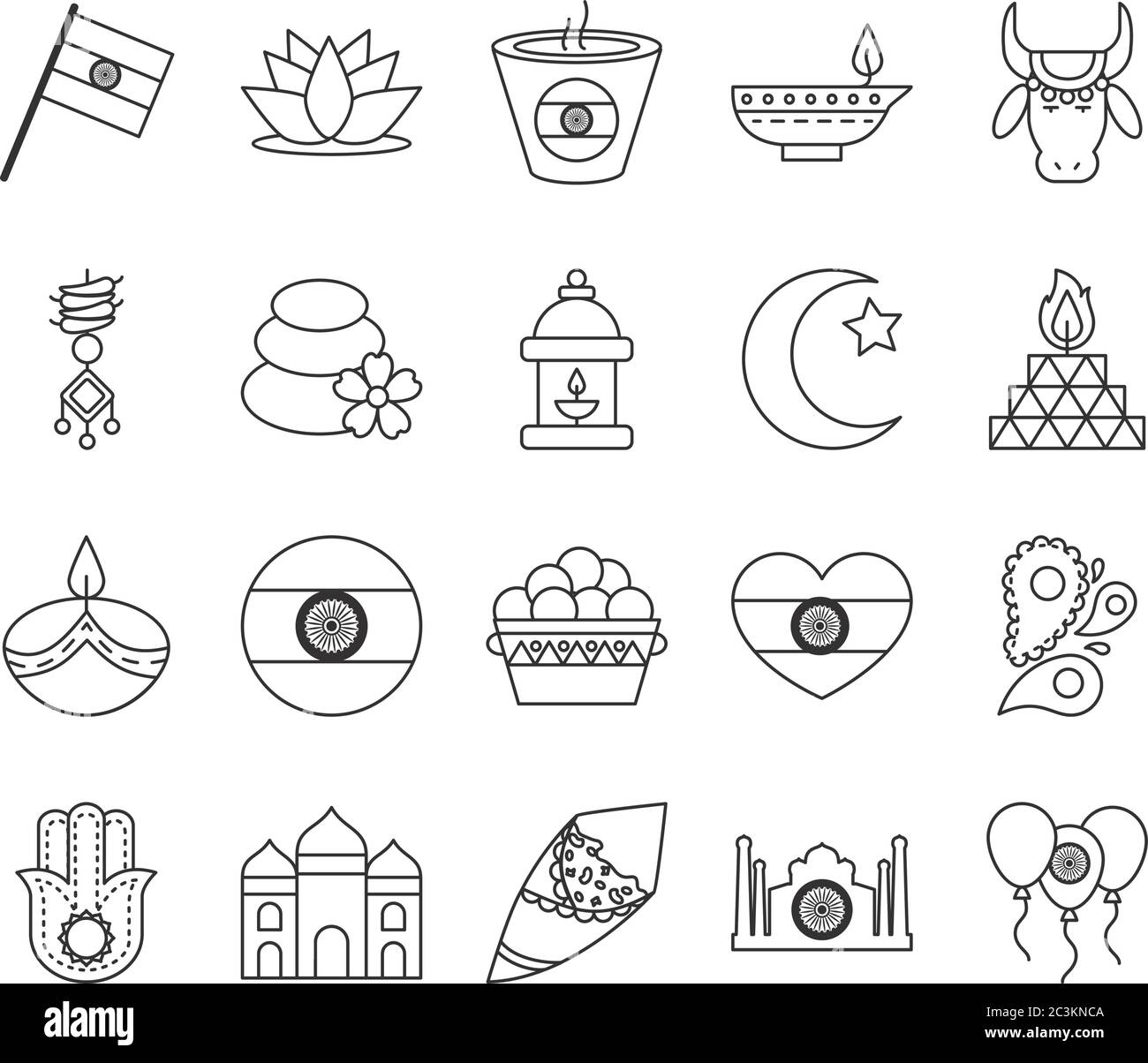 Disegno del set di icone di stile indiano della linea, viaggio di coltura dell'India e illustrazione del vettore di tema dell'asia Illustrazione Vettoriale