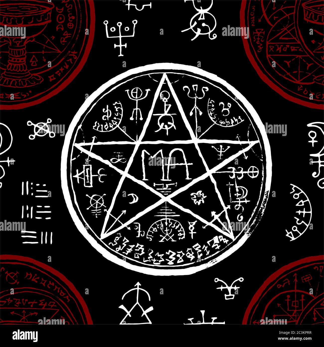 Motivo senza cuciture con pentagramma e simboli mistici e fantasy su nero. Illustrazione vettoriale della linea di Halloween. Sfondo esoterico, occulto e gotico Foto Stock